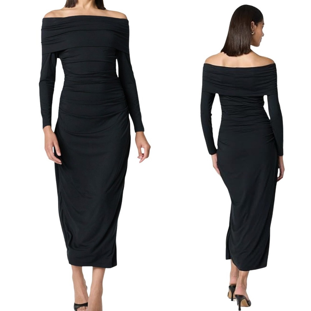 The Drop Black Off‎ Shoulder Minimalist Ruched Maxi Dress Long Sleeve Large